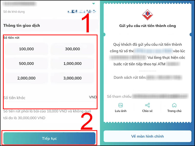 Chọn số tiền cần r&uacute;t v&agrave; chọn X&aacute;c nhận